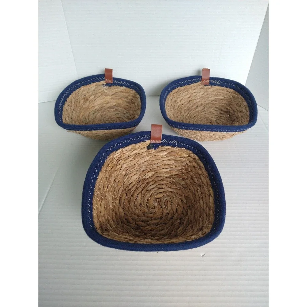 Lot of 3 Seagrass Baskets Navy Stripe Faux Leather 7